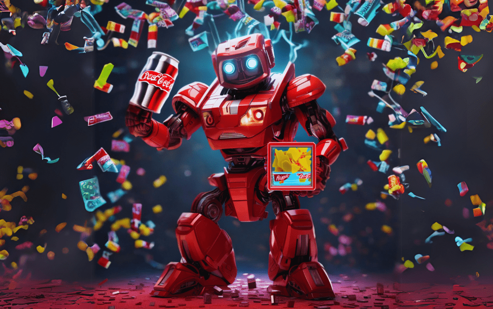 Das CandyCube Logo: EIn großer Roboter, welcher in der einen Hand eine Softgetränke Dose hält und in der anderen eine Box gefüllt mit Chips und Süßem